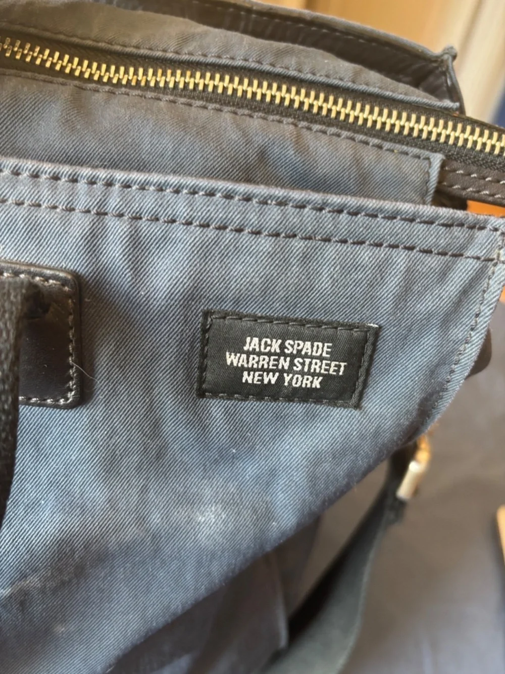 Jack Spade Warren Street Large Messenger Bag.  Light Navy, brown leather trim